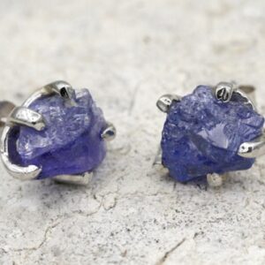 Raw Tanzanite Stud Earrings: Rhodium Plated Sterling Silver