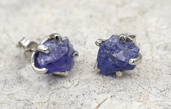Raw Tanzanite Stud Earrings: Rhodium Plated Sterling Silver