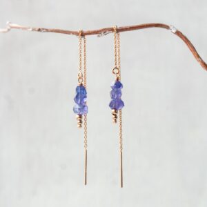 Tanzanite rose gold threader earrings, tanzanite earrings silver, gold for December birthstone gift, tanzanite jewelry pull through earrings