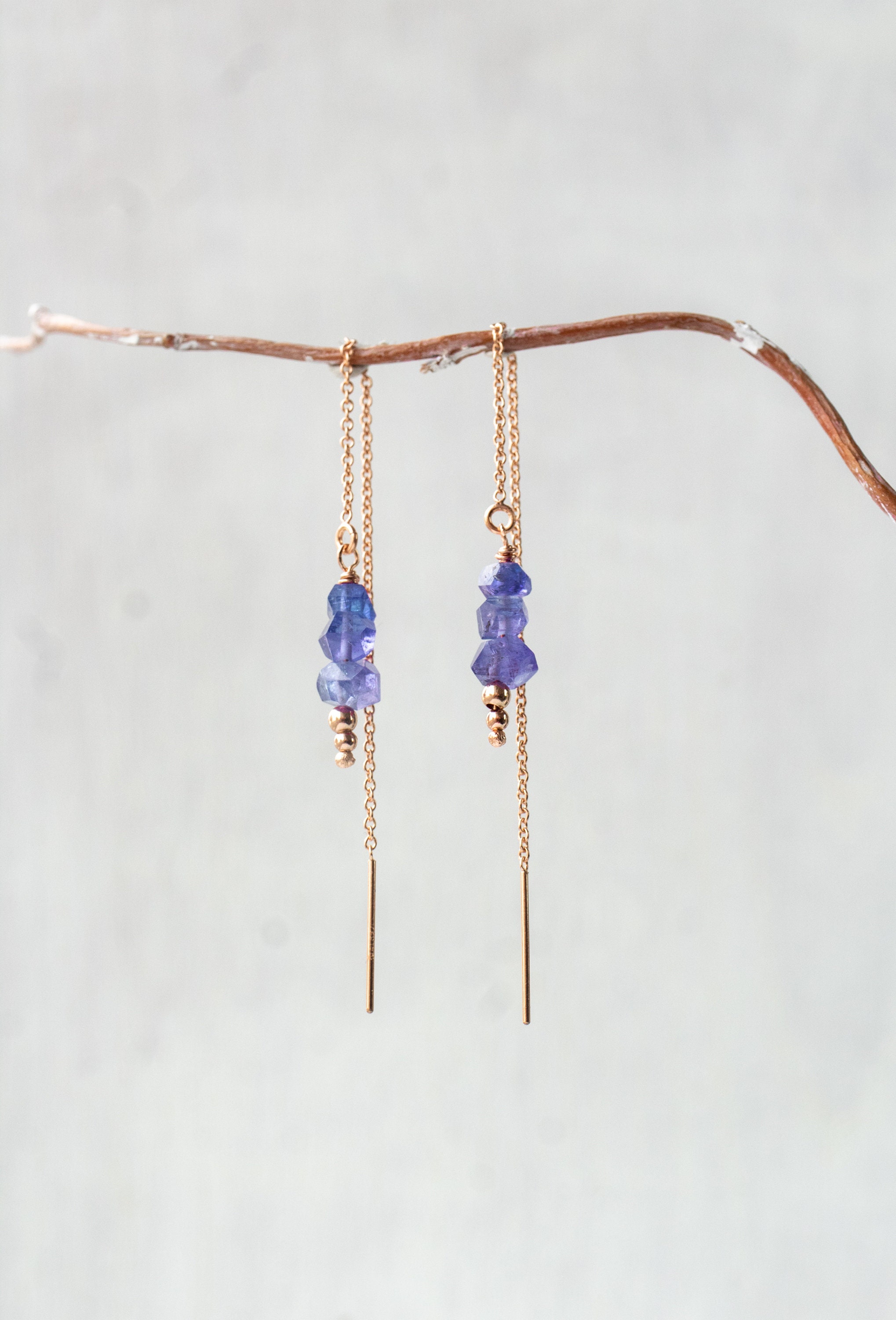 Tanzanite Rose Gold Threader Earrings, Tanzanite Earrings Silver, Gold For December Birthstone Gift, Tanzanite Jewelry Pull Through Earrings