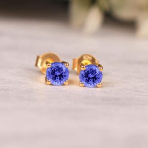 Round 4mm Tanzanite Stud Earrings: Sterling Silver, Solid 14k Yellow Gold Earring For Women