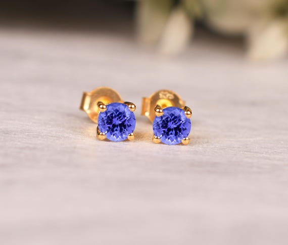 Round 4mm Tanzanite Stud Earrings: Sterling Silver,  Solid 14k Yellow Gold Earring For Women