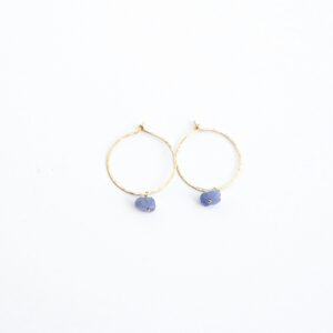 Small gold hoop earrings with raw tanzanite charms, raw stone earrings, charm hoop earrings, December birthday gift, rough gemstone