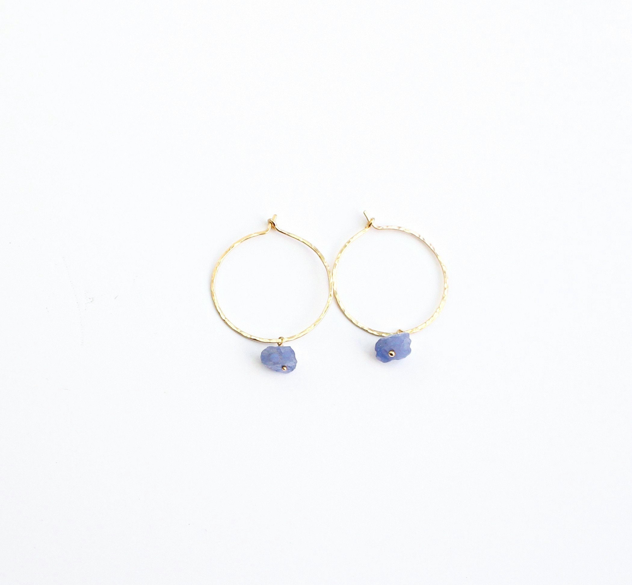 Small Gold Hoop Earrings With Raw Tanzanite Charms, Raw Stone Earrings, Charm Hoop Earrings, December Birthday Gift, Rough Gemstone
