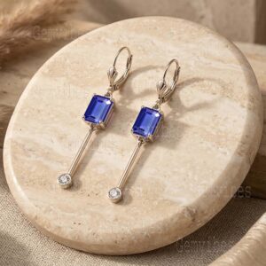 Solid 925 Sterling Silver Emerald Cut Tanzanite Dangle Earrings – December Birthstone