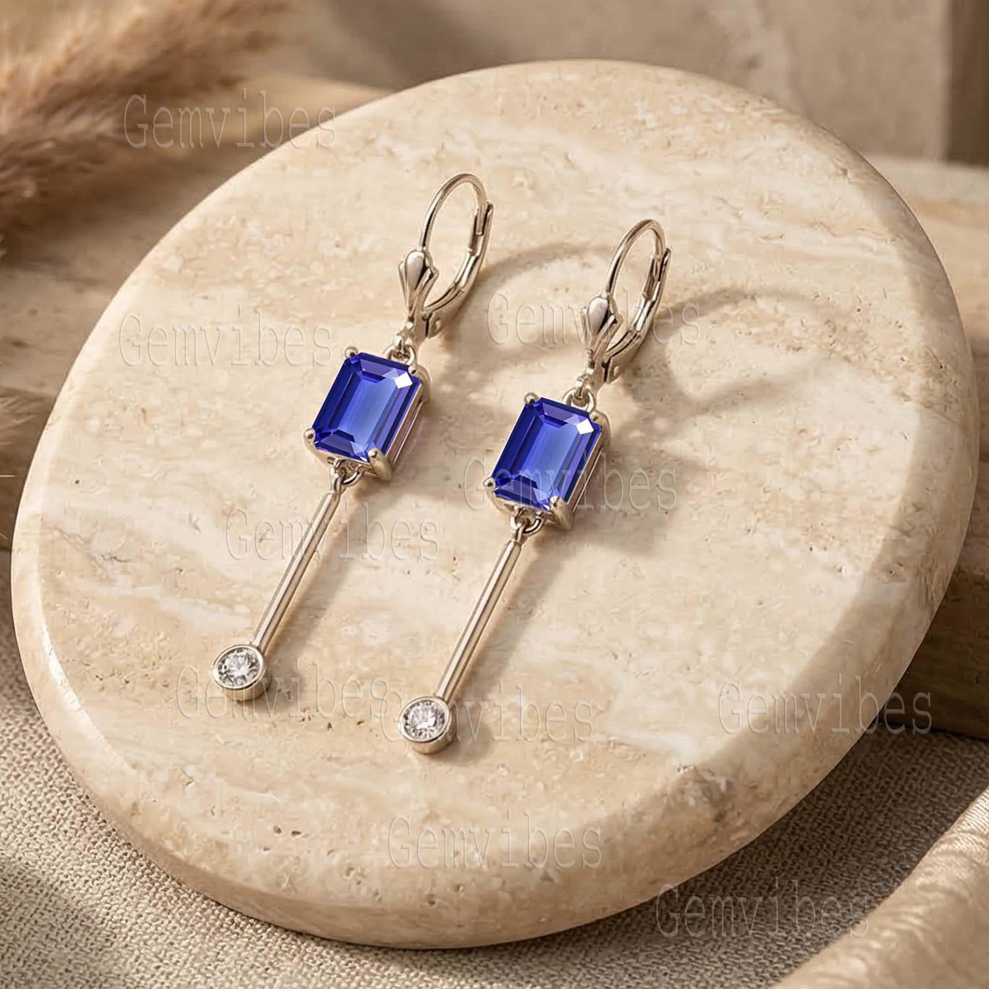 Solid 925 Sterling Silver Emerald Cut Tanzanite Dangle Earrings – December Birthstone Solid 925 Sterling Silver Emerald Cut Tanzanite Dangle Earrings – December Birthstone