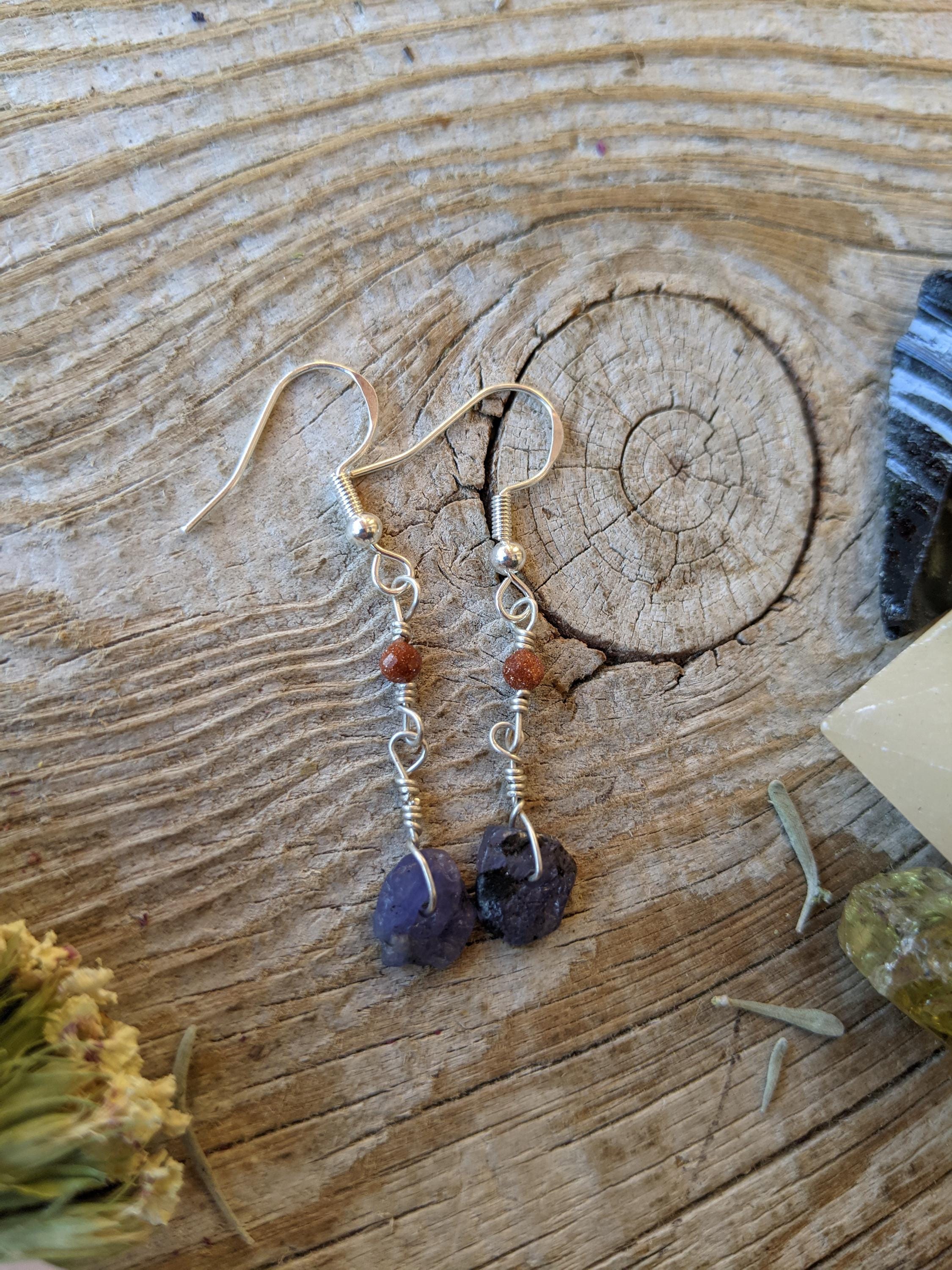 Sterling Silver Tanzanite And Goldstone Crystal Earrings