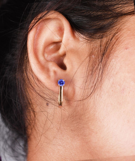 Vintage Tanzanite Hoop Earring, Blue Tanzanite Earrings, Unique Bridal Earing, Minimalist Jewelry, Birthday Gifts