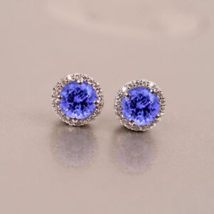 Tanzanite Stud Earrings – Round Halo Earring For Women, Bridal Jewelry, Personalized Gifts For Her