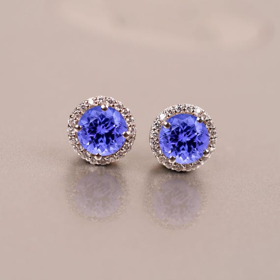 Tanzanite Stud Earrings – Round Halo Earring For Women, Bridal Jewelry, Personalized Gifts For Her
