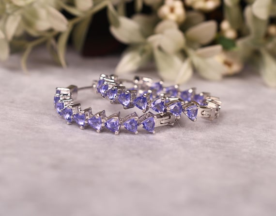 Trilliant Cut Tanzanite Hoop Earring, Wedding Gift For Her, Bridal Earing, Circle Earrings