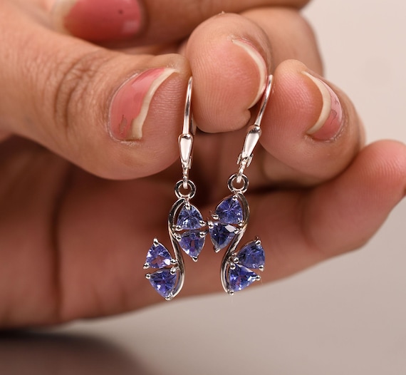Trillion Cut Tanzanite Earring- Blue Duck Leverback , Anniversary Gifts, Bridal Drop Or Dangle Earrings