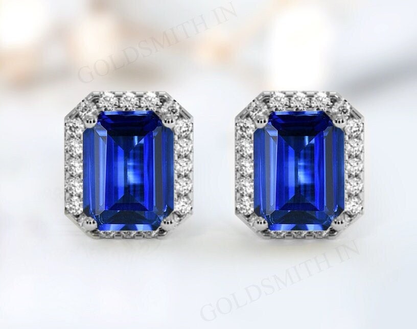 Vintage Tanzanite Halo Style Earrings Unique Handmade Earrings 14k Rose Gold Tanzanite Stud Earrings Emerald Cut Tanzanite Wedding Earrings
