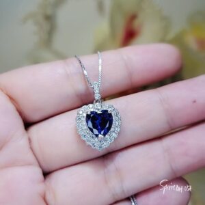Tanzanite Necklace - 18k @ Sterling Silver - Gemstone Blue Ocean Heart Double Halo 2 Ct Man Created Vivid Energic Tanzanite Gemstone #474 Tanzanite Necklace - 18k @ Sterling Silver - Gemstone Blue Ocean Heart Double Halo 2 Ct Man Created Vivid Energic Tanzanite Gemstone #474