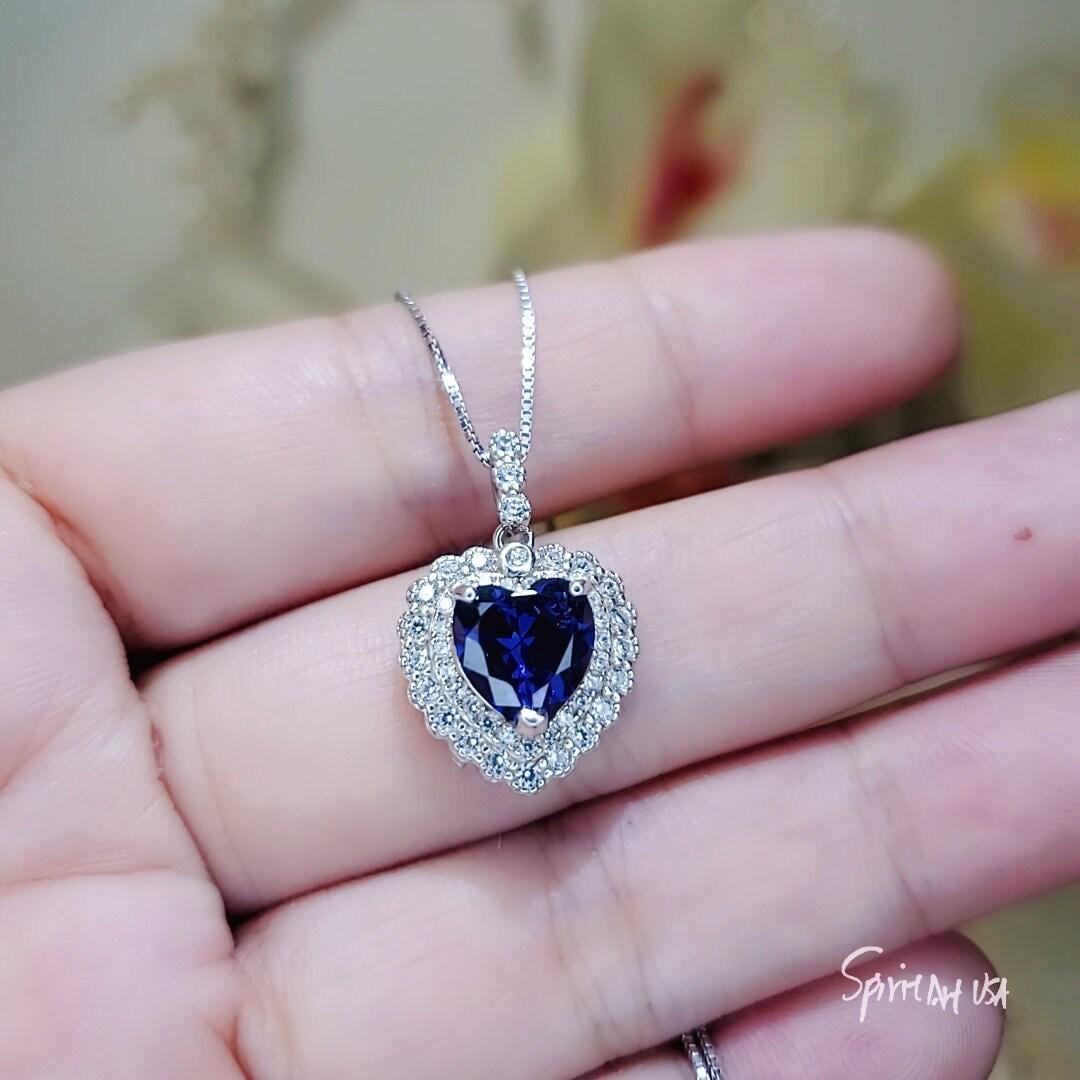 Tanzanite Necklace - 18k @ Sterling Silver - Gemstone Blue Ocean Heart Double Halo 2 Ct Man Created Vivid Energic Tanzanite Gemstone #474