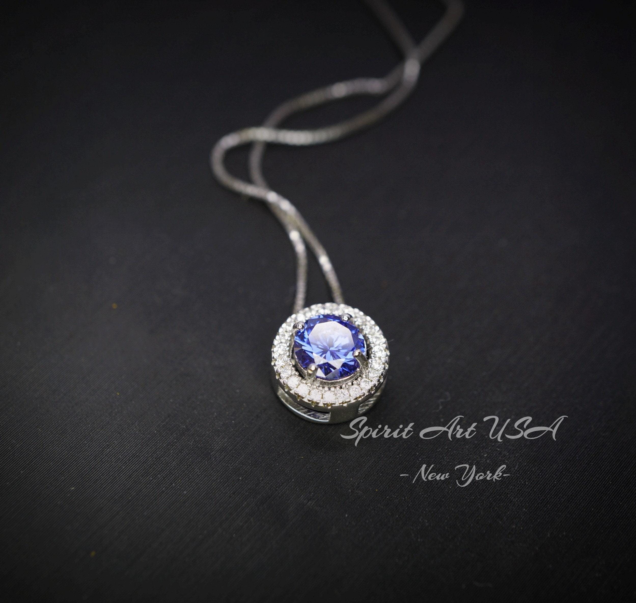 18kgp Sterling Silver Tanzanite Choker - Minimalist Blue Gemstone Halo Lab Created Tanzanite Necklace 065