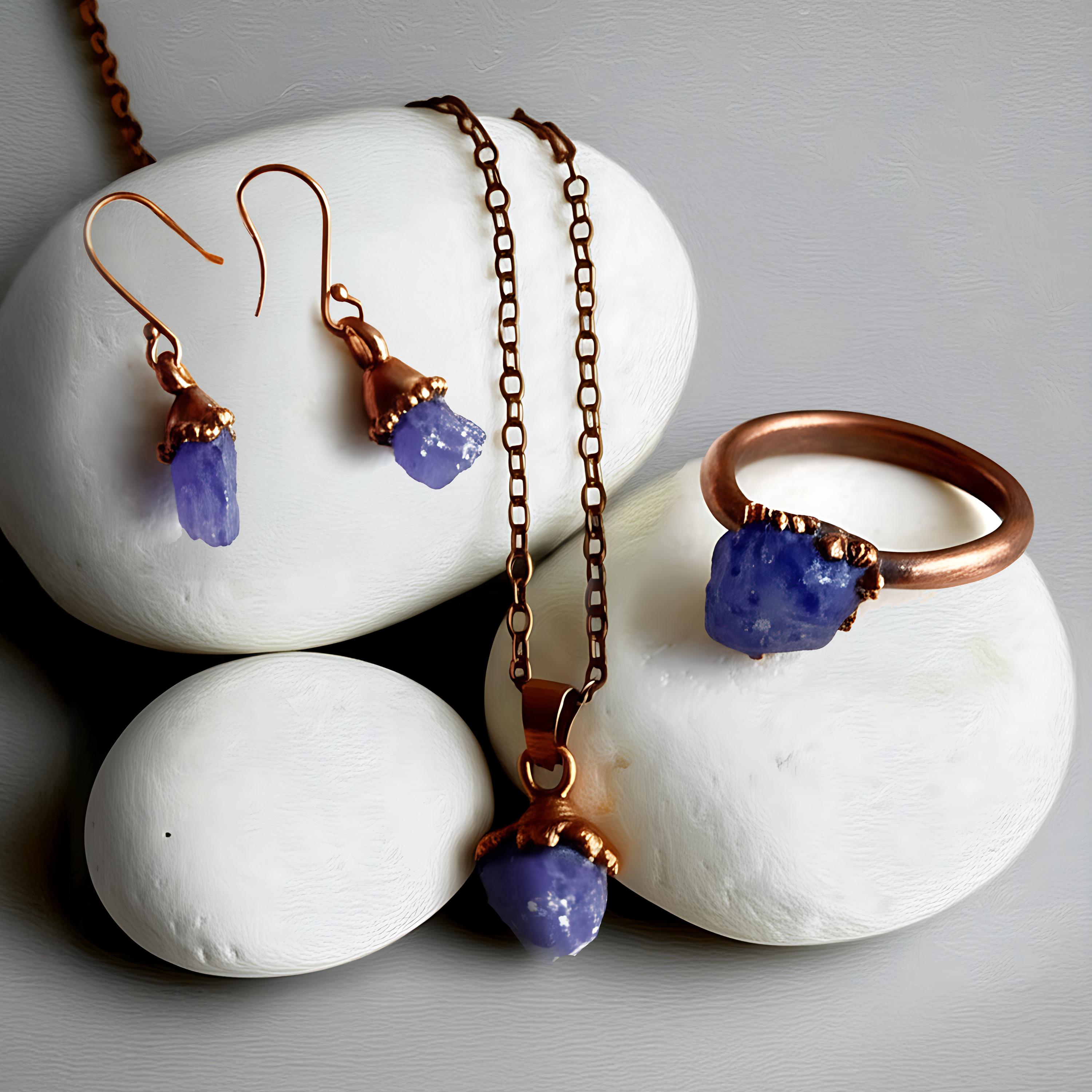 3 Piece Tanzanite Jewelry Set  \ Raw Crystal Necklace \ Dainty Earrings \ Minimal Ring \ December Jewelry \ Handmade Jewelry \ Gemstone Ring