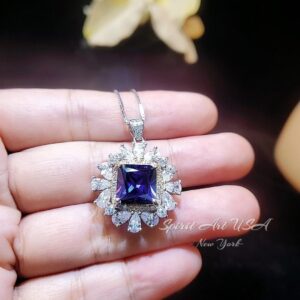 Large Square Tanzanite Necklace - Gemstone Halo Square Sterling Silver 18kgp - 7 Ct 10 Mm Lab Created Tanzanite Jewelry #810 Large Square Tanzanite Necklace - Gemstone Halo Square Sterling Silver 18kgp - 7 Ct 10 Mm Lab Created Tanzanite Jewelry #810