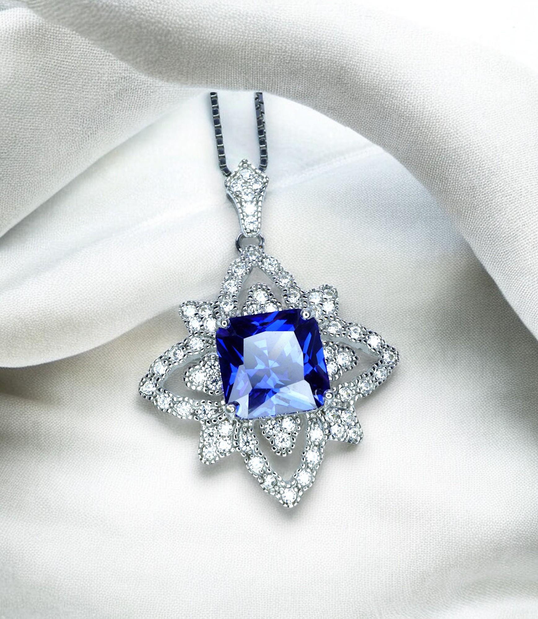 Square Blue Tanzanite Necklace - Gemstone Medal Of Honor Flower Sterling Silver Star Celestial Jewelry #513