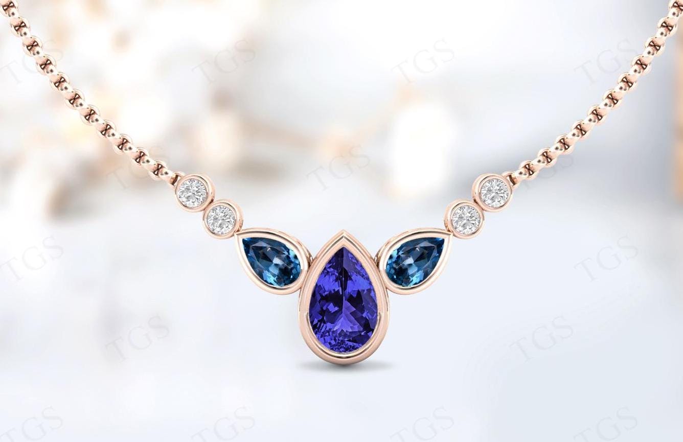 Unique Tanzanite Necklace For Women Art Deco Multi Gemstone Necklace 925 Silver Tanzanite Wedding Necklace Rose Gold Tear Drop Necklace