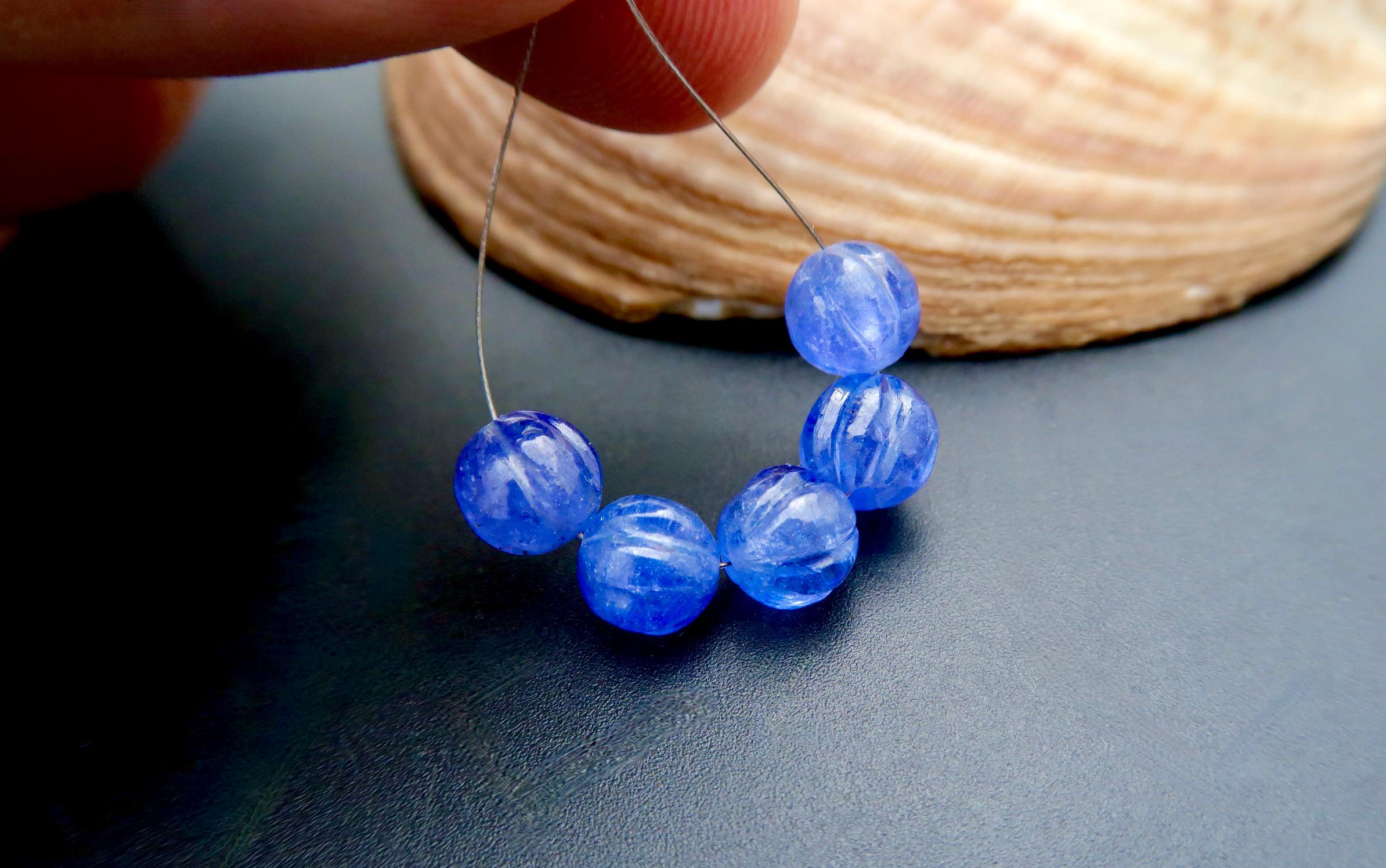 5pc Lovely Aaaa+ New Carved Melon Flower 6.9-7.3mm Purple Blue Gem Tanzanite Beads - 14.10cts - 1.40 Inches