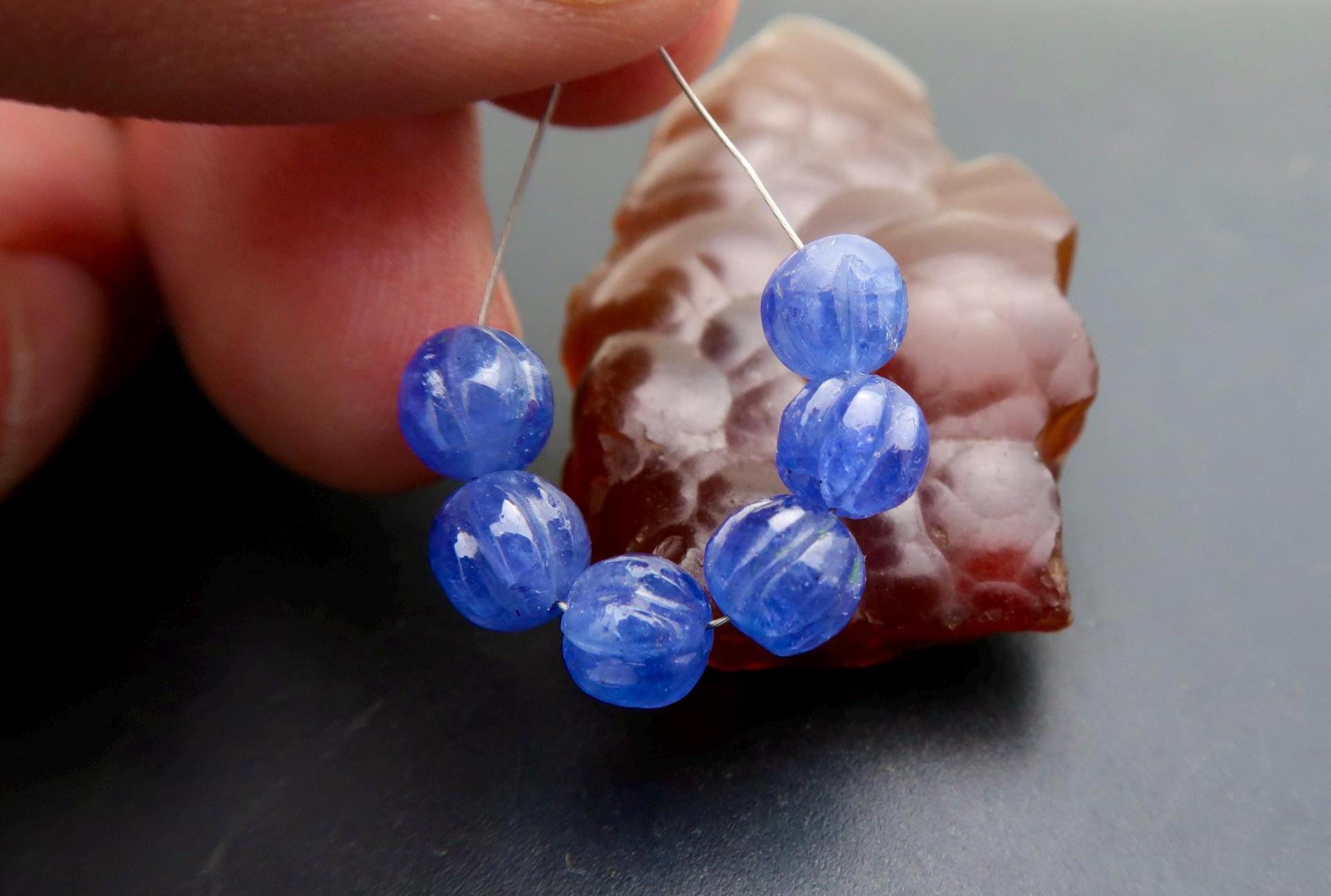 6pc Lovely Aaaa+ New Carved Melon Flower 6.4-6.8mm Purple Blue Gem Tanzanite Beads - 14.55cts - 1.65 Inches
