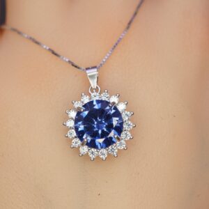 10mm 3 Ct Tanzanite Necklace - Princess Diana Sunflower Simple Solitaire Halo - Lab Created Energic Blue Tanzanite Pendant #505