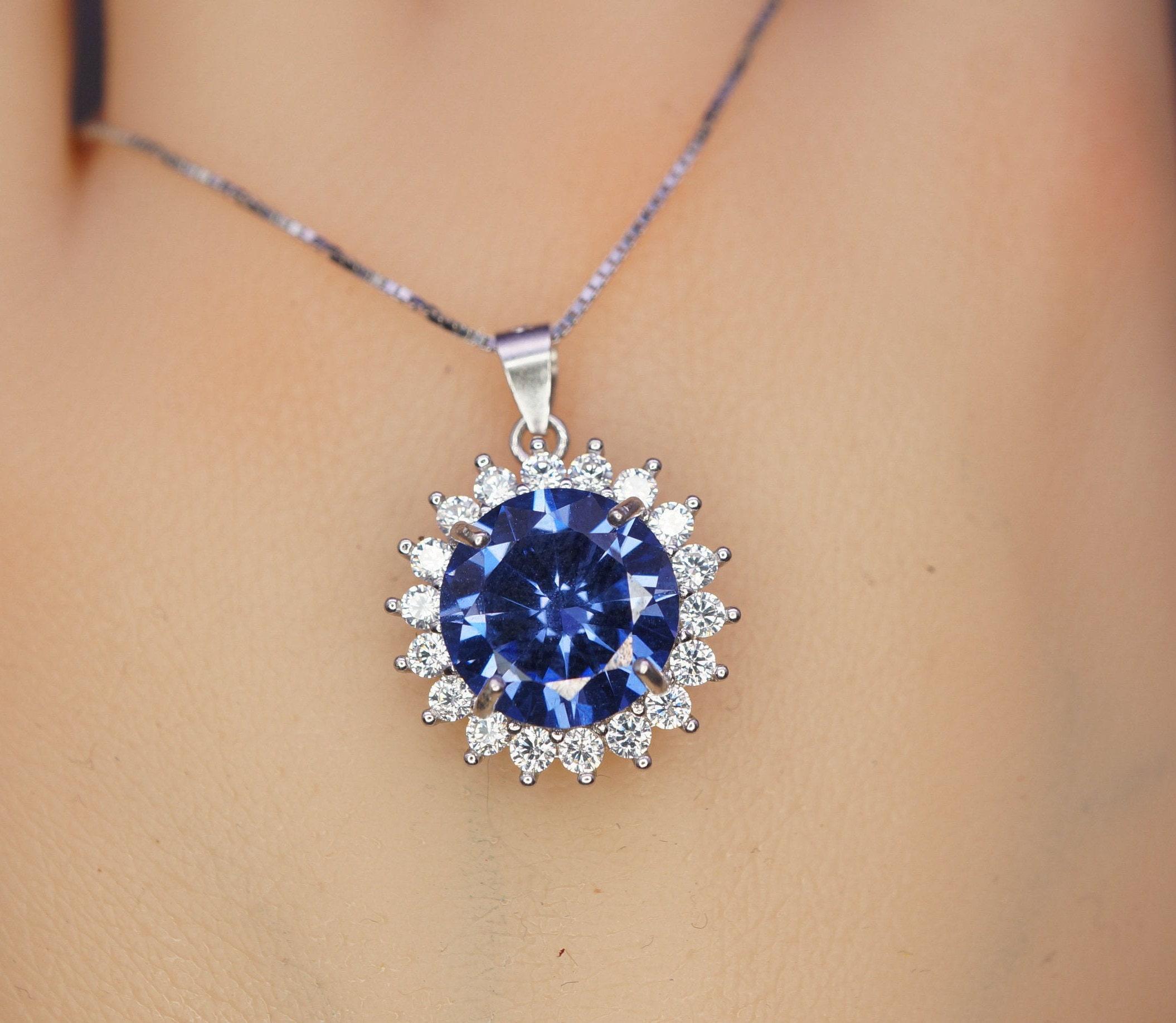 10mm 3 Ct Tanzanite Necklace - Princess Diana Sunflower Simple Solitaire Halo - Lab Created Energic Blue Tanzanite Pendant #505 10mm 3 Ct Tanzanite Necklace - Princess Diana Sunflower Simple Solitaire Halo - Lab Created Energic Blue Tanzanite Pendant #505