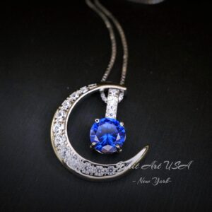 Blue Tanzanite Necklace - Gemstone Moon Pendant - 18kgp Sterling Silver - Crescent Two Separated Pendant Tiny December Birthstone #232