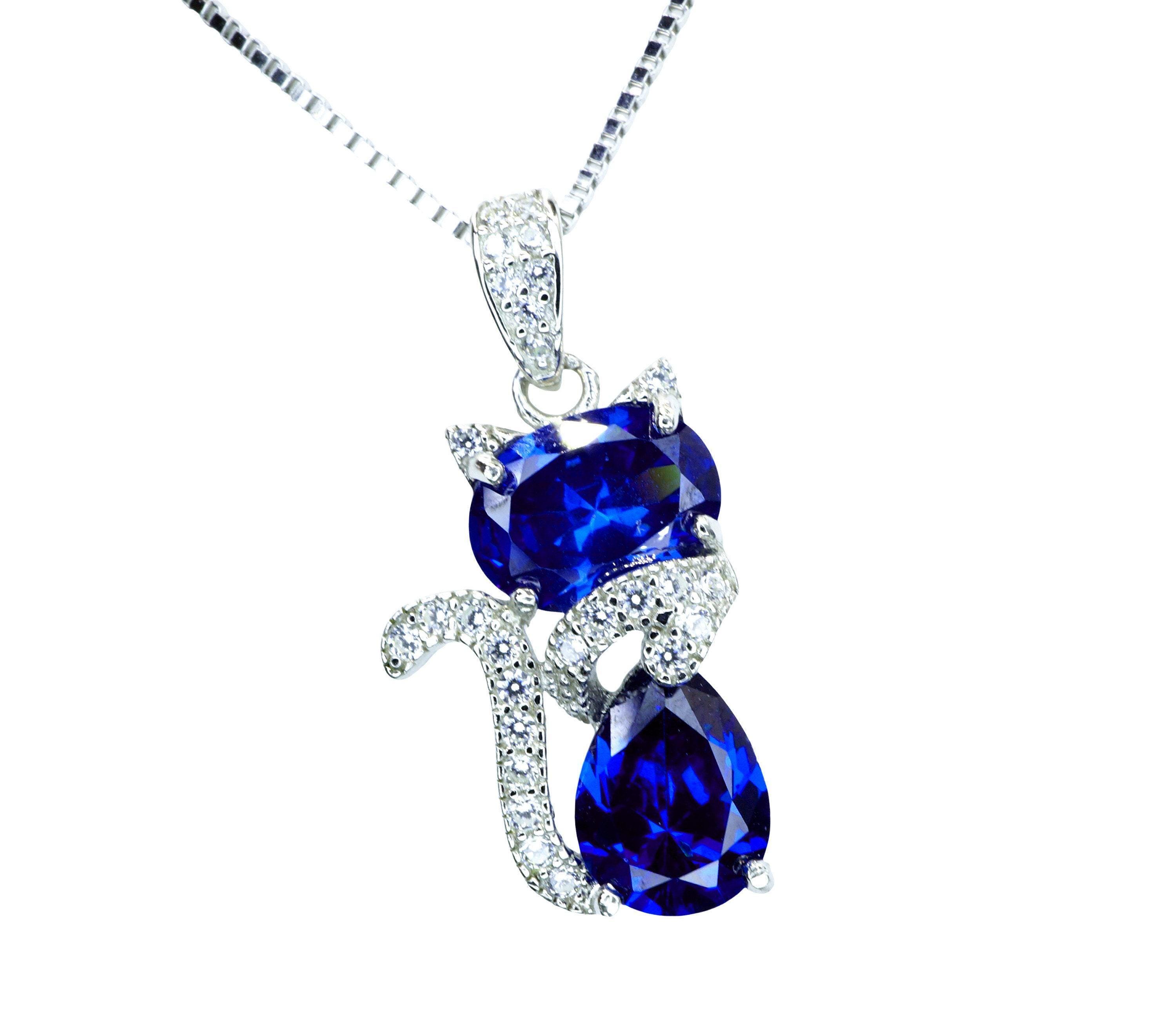 Blue Tanzanite Necklace, Kitty Cat Lover - Deep Blue Tanzanite Pendant - Gemstone White Gold Plated Sterling Silver Pets Lover Jewelry #220