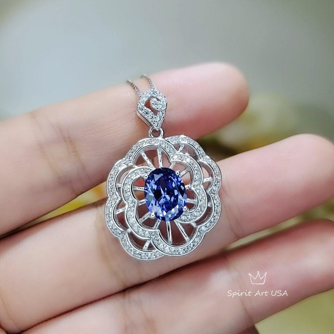 Blue Tanzanite Necklace Sterling Silver Blue Peony Pendant, 2.1 Ct Blue Gemstone Pendant 18k @ Sterling Silver Flower #555