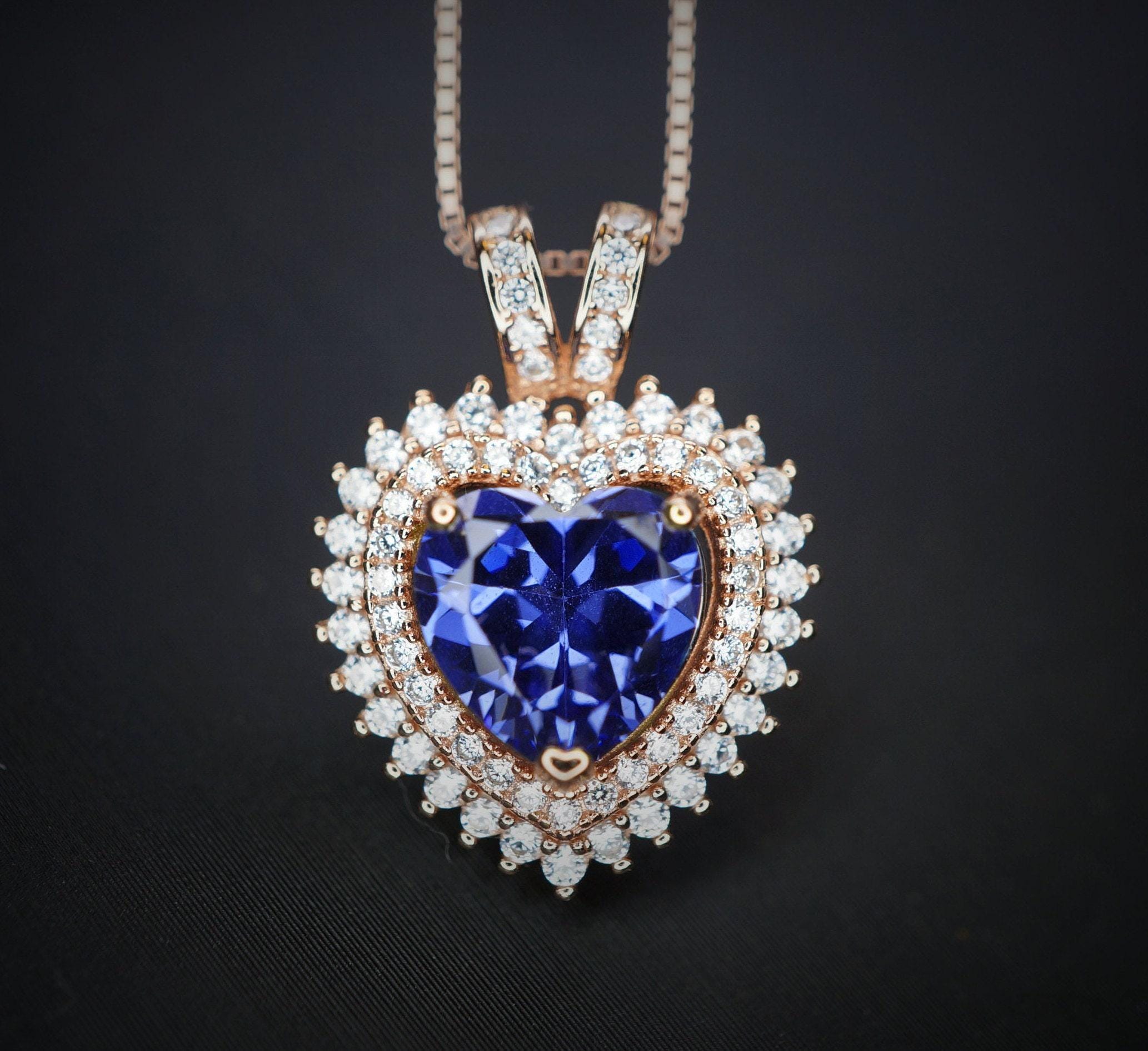 Tanzanite Heart Necklace - 18kgp @ Sterling Silver - Double Halo Heart Tanzanite Pendant - December Birthstone #578