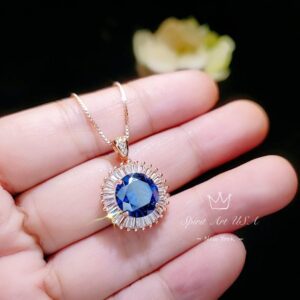 Large Blue Tanzanite Necklace - Rose Gold Sterling Silver Gemstone Halo Sun Style 4 Ct Royal Blue Tanzanite Pendant #610