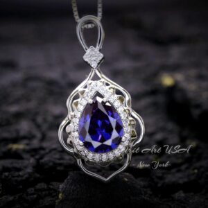 Large Tanzanite Necklace - Gemstone Leaf Lab Created Tanzanite Pendant - 18kgp - Sterling Silver - Teardrop Style Pear Cut 2.75ct #714