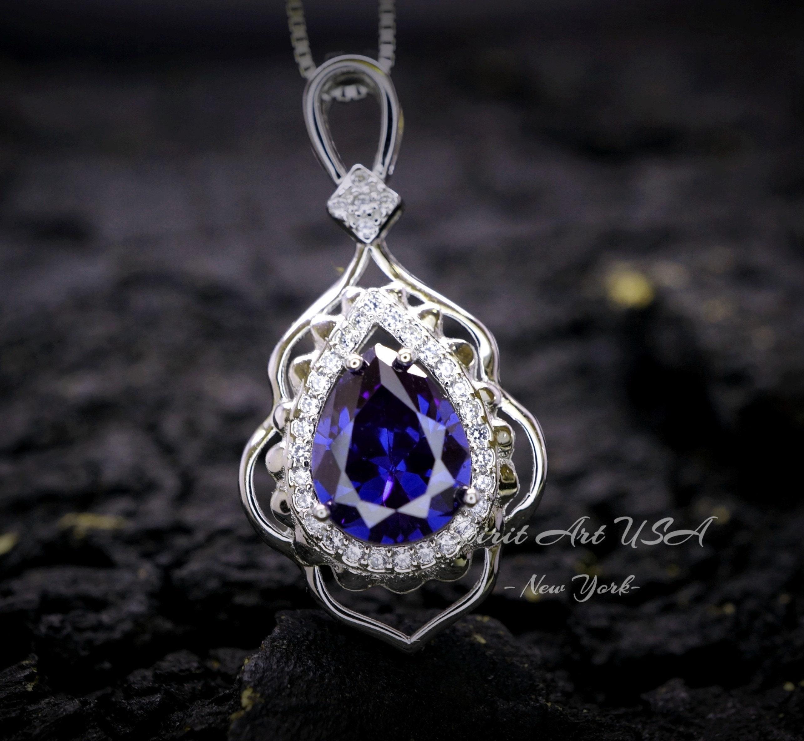 Large Tanzanite Necklace - Gemstone Leaf Lab Created Tanzanite Pendant - 18kgp - Sterling Silver - Teardrop Style Pear Cut 2.75ct #714