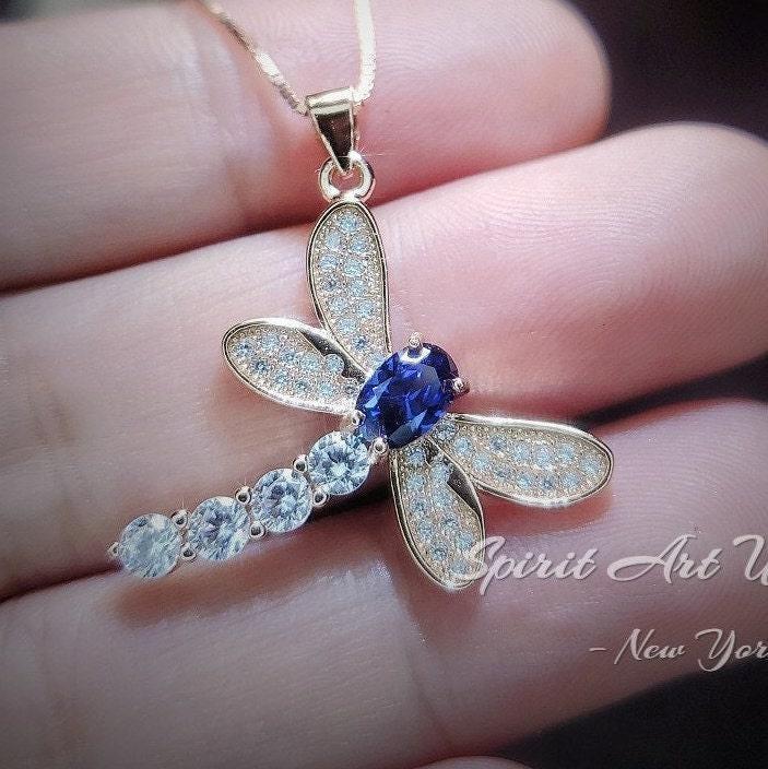 Tanzanite Necklace - Dragonfly Pendant - 18kgp @ Sterling Silver - December Birthstone - Rose Gold Lab Created Tanzanite Pendant #342 Tanzanite Necklace - Dragonfly Pendant - 18kgp @ Sterling Silver - December Birthstone - Rose Gold Lab Created Tanzanite Pendant #342