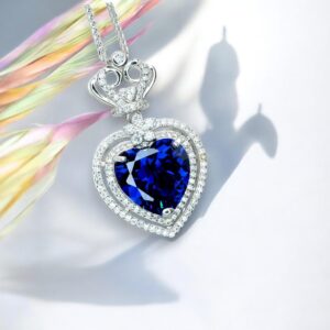 Tanzanite Necklace - Gemstone Royal Ocean Heart Tanzanite Pendant - 7 Ct Double Halo Crown Blue Tanzanite Titanic Jewelry #896