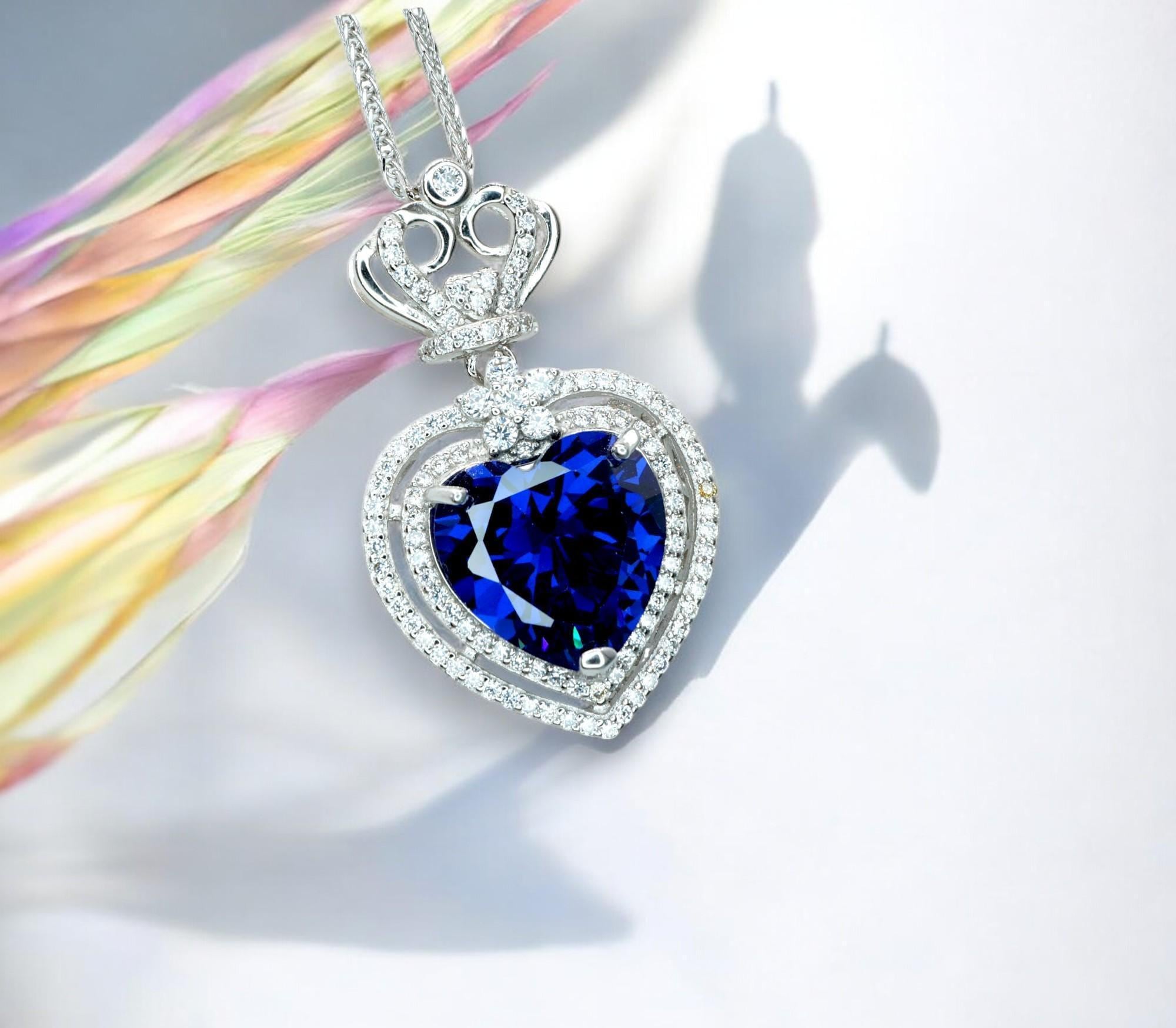 Tanzanite Necklace - Gemstone Royal Ocean Heart Tanzanite Pendant - 7 Ct Double Halo Crown Blue Tanzanite Titanic Jewelry #896