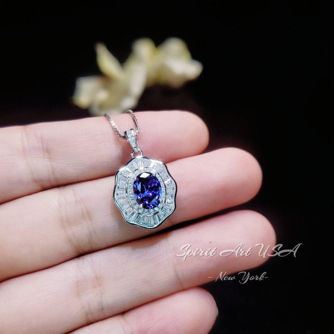 Tanzanite Necklace - Lotus Flower Pendant - 18kgp @ Sterling Silver - December Birthstone - Lab Created Blue Tanzanite Pendant #522