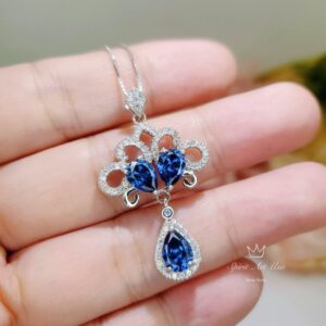 Tanzanite Necklace - Peacock Flowers Pendant - 18kgp @ Sterling Silver - Gemstone Tassel Teardrop Lab Created Blue Tanzanite Pendant #748