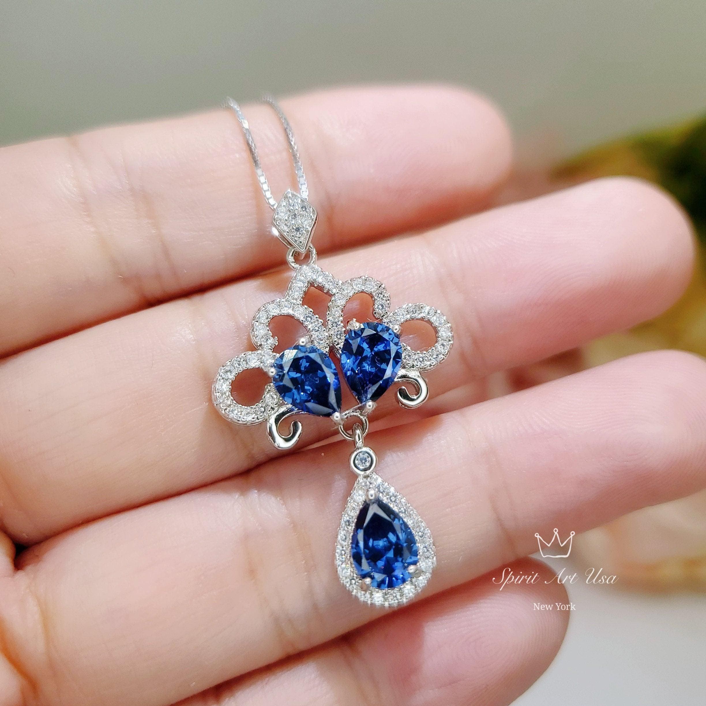 Tanzanite Necklace - Peacock Flowers Pendant - 18kgp @ Sterling Silver - Gemstone Tassel Teardrop Lab Created Blue Tanzanite Pendant #748