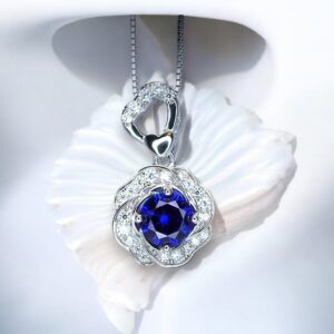 Tanzanite Necklace - Rose Flower Pendant - 18kgp @ Sterling Silver December Birthstone - Rose Flower Lab Created Blue Tanzanite Jewelry #457