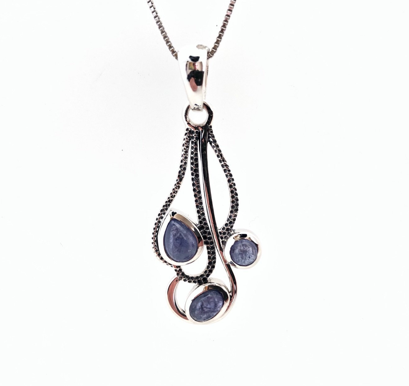 Tanzanite Pendant - Purple Tanzanite Pendant -multistone Etched Setting - Sterling Silver