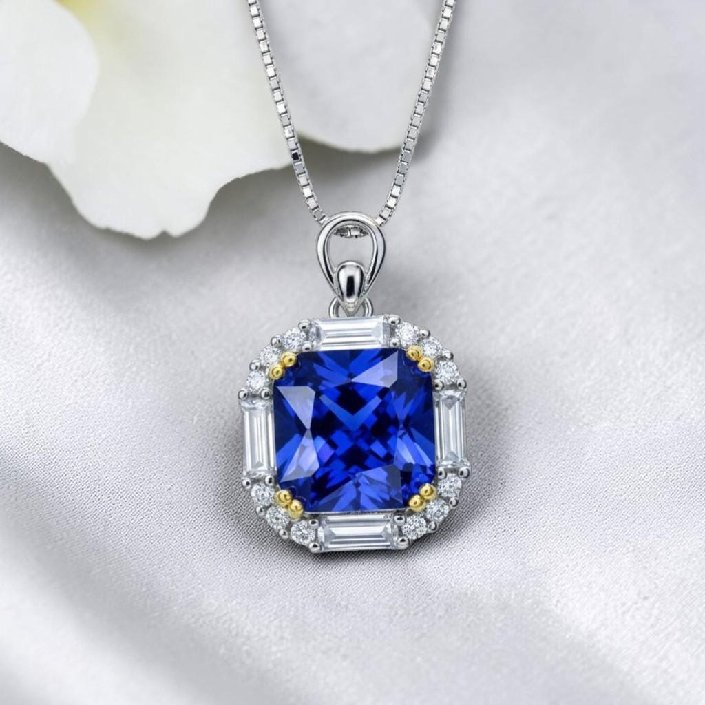 Solitaire Tanzanite Necklace - Deep Royal Blue Tanzanite Pendant - 18kgp @ Sterling Silver - December Birthstone - Square Scissor Cut #413