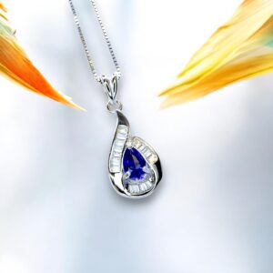 Tiny Teardrop Tanzanite Necklace - Sterling Silver Sim Dimond White Gold Plated Halo 0.5 Ct Royal Blue Pear Pendant Minimalist Style 088