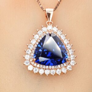 Trillion Tanzanite Necklace - Triangle Halo 10 Ct Lab Created Tanzanite Pendant - Rose Gold Sterling Silver Large December Birthstone #728