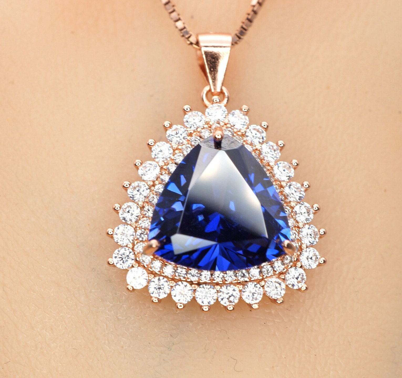 Trillion Tanzanite Necklace - Triangle Halo 10 Ct Lab Created Tanzanite Pendant - Rose Gold Sterling Silver Large December Birthstone #728 Trillion Tanzanite Necklace - Triangle Halo 10 Ct Lab Created Tanzanite Pendant - Rose Gold Sterling Silver Large December Birthstone #728