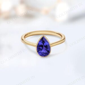 14k Gold Tanzanite Wedding Ring For Women Minimalist Stacking Ring Bezel Set Solitaire Ring Pear Cut Tanzanite Statement Ring For Her