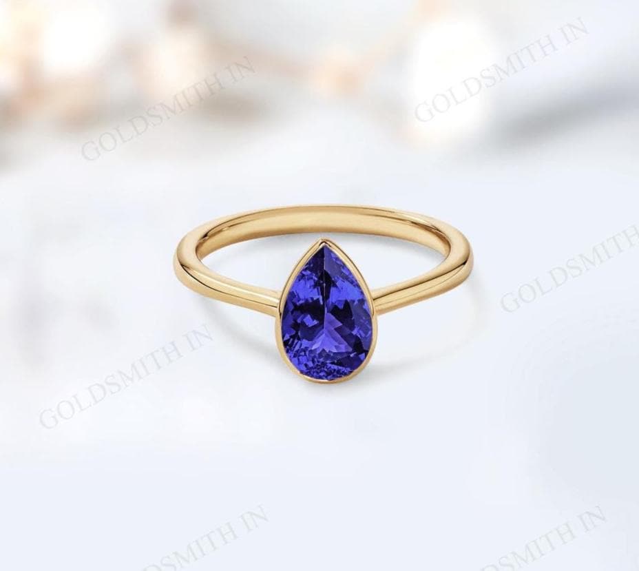 14k Gold Tanzanite Wedding Ring For Women Minimalist Stacking Ring Bezel Set Solitaire Ring Pear Cut Tanzanite Statement Ring For Her