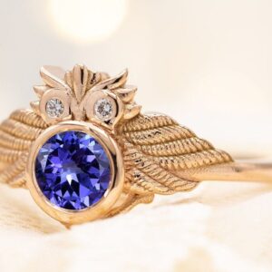 Art Deco Owl Blue Tanzanite Wedding Ring Vintage Tanzanite Engagement Ring Art Deco Tanzanite Bridal Anniversary Ring Unique Promise Ring
